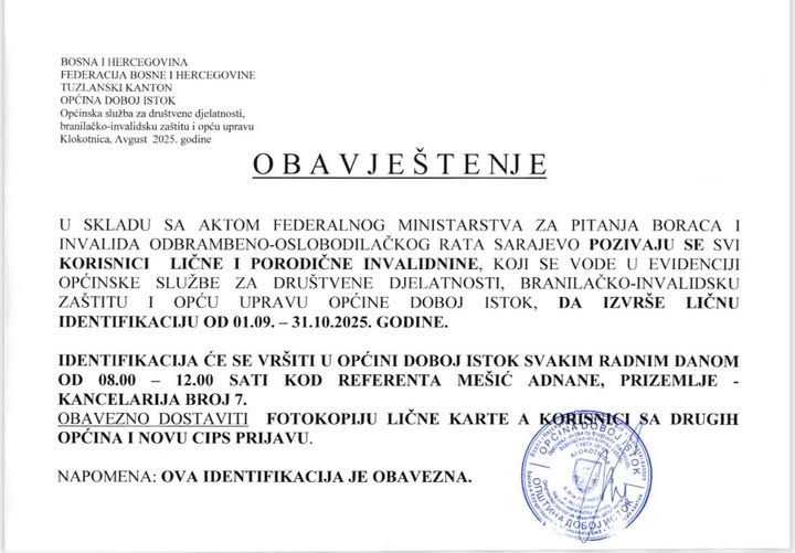 Dijelimo s vama važnu informaciju iz Općine Doboj Istok